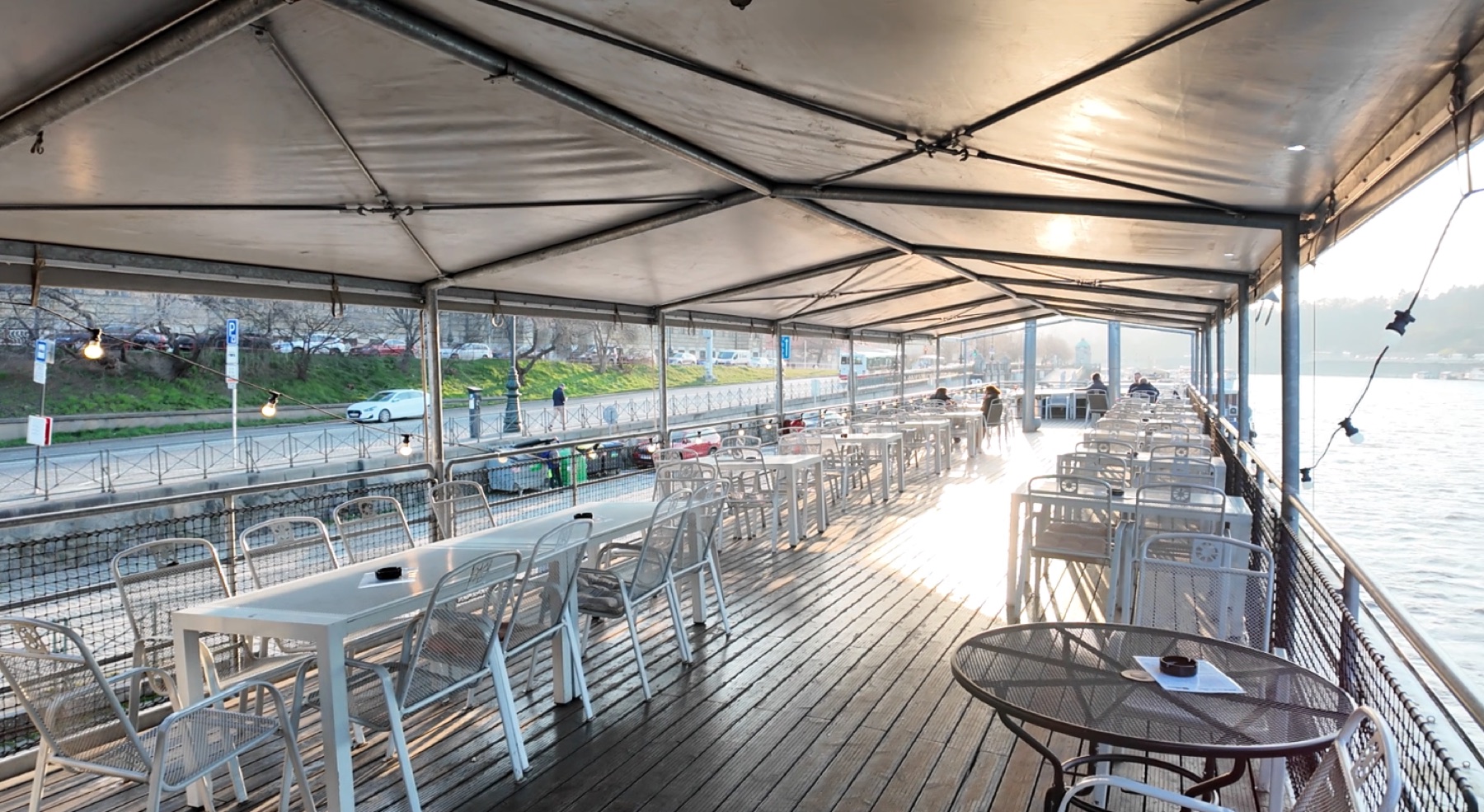 Outdoor riverside deck seating